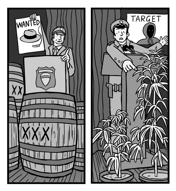 History repeats itself with our current War on Drugs and drug prohibition laws. How long until these busts are replenished by the underground network of drug suppliers? War on Drugs prohibition comic drawing. Two police commissioners at news conference - low angle. One standing in front of a barrel of liquor, the other standing in front of cannabis plants.