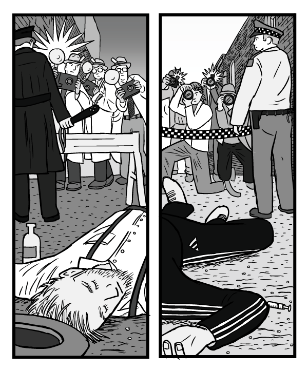 Collateral damage of the War on Drugs. An approach focused on punishing people and making lives more dangerous, rather than helping people. War on Drugs prohibition comic drawing. Two dead bodies - low angle. One from alcoholism, other from drug overdose.