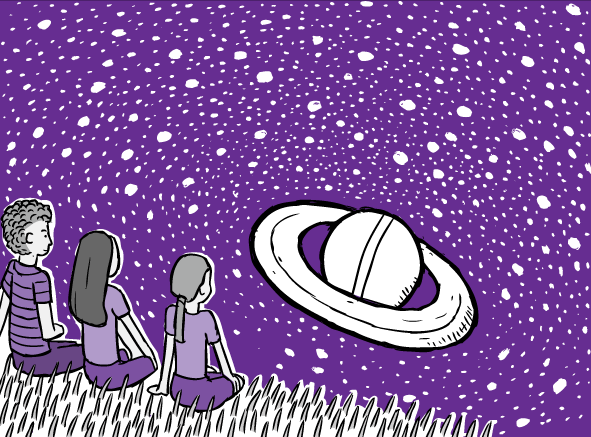 Won't somebody please think of the children!? Cartoon drawing of three friends looking at purple night sky. White stars and Saturn on purple sky,