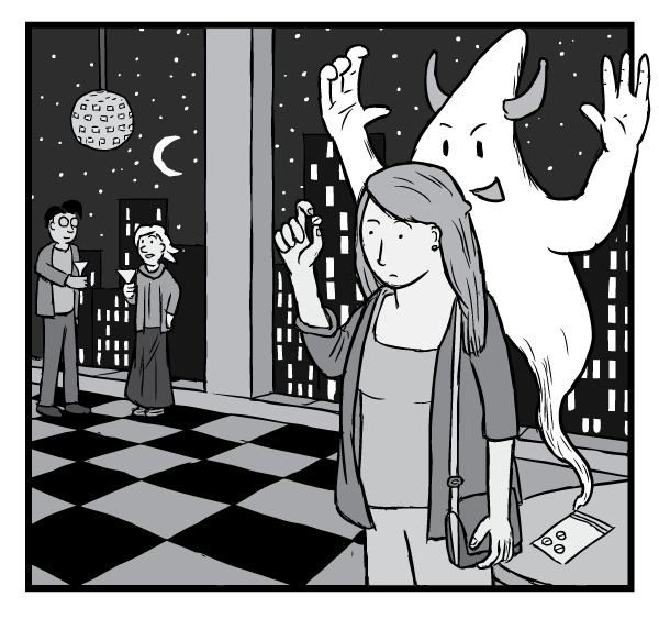What's in the pill? The addictive demon drug ghost? Drawing of girl at party looking at drug pill cartoon. Demon ghost rising from the ecstasy pill.