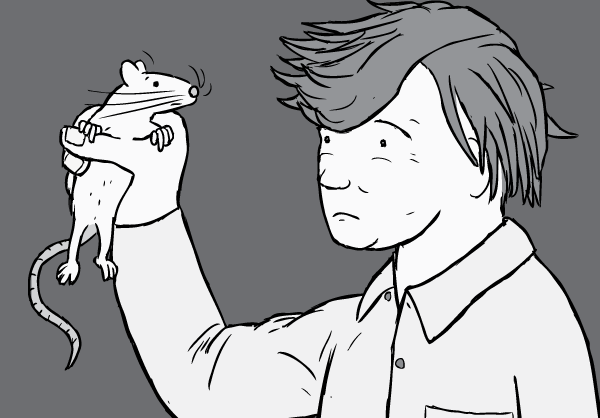 Bruce Alexander looks at a rat. Cartoon illustration of Professor Bruce Alexander holding a rat. Prof Alexander was a researcher in the Rat Park addiction experiments.