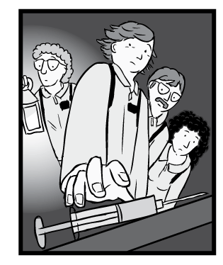 Bruce Alexander cautiously approaches the syringe. The others keep their distance. Low angle cartoon drawing of Rat Park scientists picking up morphine drug syringe. Black and white, glowing lantern.