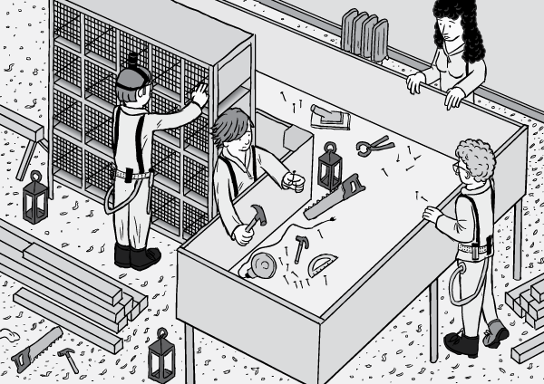 Rat Park researchers constructing the social housing enclosure. Yes, I love isometric points of view! They remind me of the classic PC game Theme Hospital. Cartoon illustration of Rat Park researchers constructing apparatus. Isometric view high angle perspective drawing.