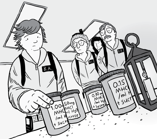 Dutch angle of the Rat Park research team. Because I'm sure they were all present at all stages of the experiment! Cartoon low angle perspective, dutch angle of science researchers. Drawing of man reaching down to pick up bottle from table.