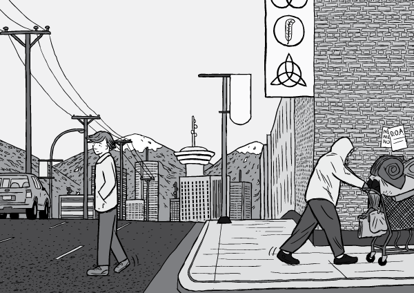 Bruce Alexander crossing the road of research. Away from rats, and towards people. PS: Vancouver is a picturesque city! Black and white cartoon of Vancouver skyline. Cartoon man crossing the road, drawing of homeless man pushing shopping cart. Mountains and Harbour Centre in the background.