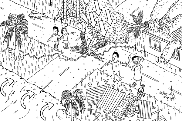 Black and white high-angle view of village experiencing earthquake line drawing. Diagram of landslide, tsunami at beach, buildings in rubble, house fire. Black and white cartoon isometric earthquake, tsunami, landslide. High angle of village affected by earthquake.