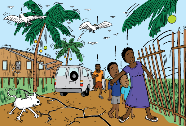 Coloured street experiencing earthquake cartoon. Worried people watching falling fence. Man getting out of car and running. Cartoon street affected by earthquake. Worried people, falling fence, fault line.