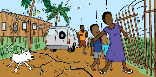 Drawing of mother sheltering children from falling debris during earthquake. Cartoon woman in earthquake at risk of being crushed by debris. Sheltering children from falling fence.
