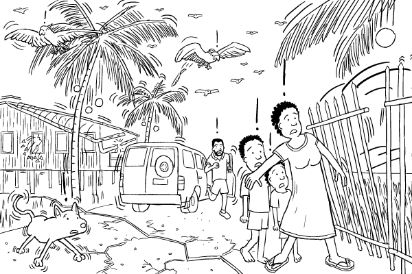 Black and white line drawing of street experiencing earthquake cartoon. Worried people watching falling fence. Man getting out of car and running. Black and white drawing. Cartoon street affected by earthquake. Worried people, falling fence, fault line.