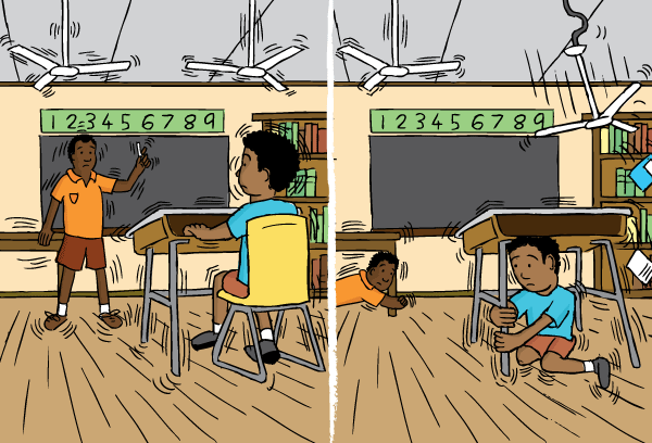 Cartoon teacher and student in classroom experiencing earthquake. Low angle drawing of student under desk during earthquake. Cartoon classroom in earthquake. Student under desk drawing. Falling ceiling fans.
