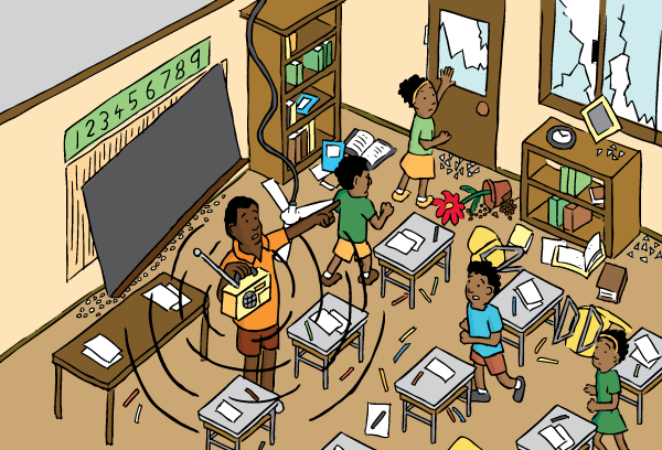High angle cartoon of classroom. Drawing of damage after earthquake. Teacher telling students to evacuate. High angle cartoon school classroom earthquake. Drawing of teaching telling students to evacuate the classroom.