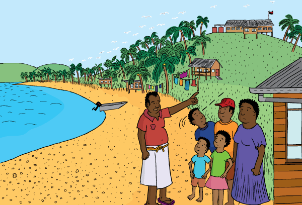 Cartoon of villagers on tropical beach. Looking to the hilltop and planning an evacuation plan. Cartoon tropical beach. Deciding an evacuation plan for earthquakes and tsunami.