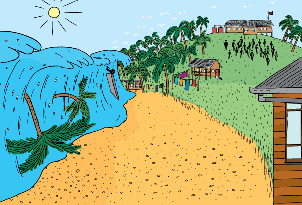 Drawing of cartoon approaching beach. The residents are safely in the evacuation area on the hilltop. Cartoon tsunami coming towards tropical beach. Trees being carried in waves.