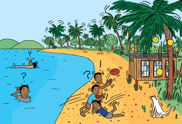 Cartoon of beach experiencing earthquake. Kids playing footy stop to feel the tremors. Palm trees shake and drop coconuts to the sand. Cartoon kids playing footy on beach. Papua New Guinea drawing.