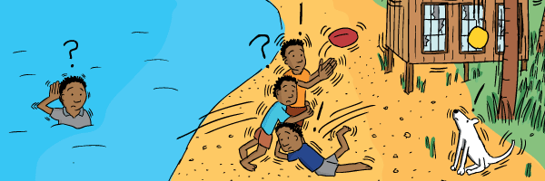 Kids playing footy on the beach as an earthquake strikes. Cartoon drawing of kids playing rugby league footy on a beach.