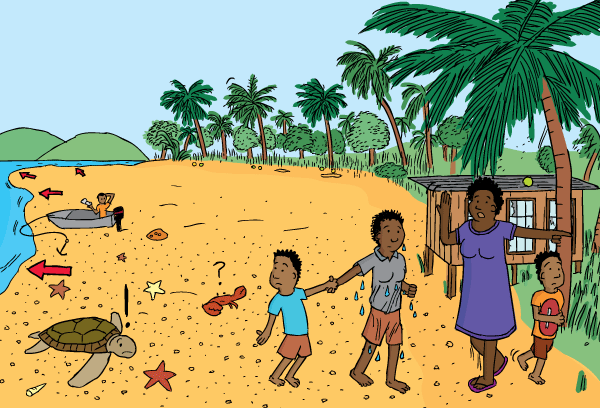 An adult comes to evacuate the kids from the beach. Drawing of tsunami drawback on beach. Dropping water level before tsunami Cartoon people evacuating beach. Drawing of beach drawback before tsunami. Receded water reveals sand.