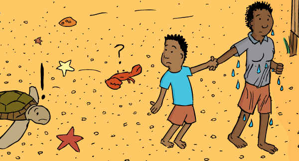 A sister drags her curious brother away from the beach drawback before a tsunami. Cartoon drawing of exposed sand on beach. Cartoon older sister dragging younger brother from beach drawback prior to a tsunami.