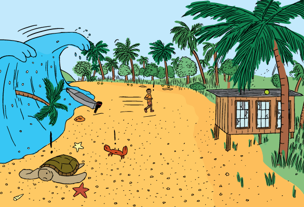 Cartoon drawing of tsunami hitting beach. Man in background running away from the wave. Tsunami drawing. Breaking wave onto drawback beach cartoon.