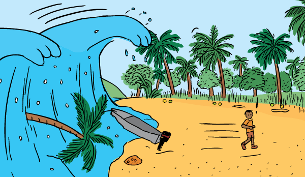 A man runs away from an approaching tsunami. He had been lingering on the beach after his boat was stranded. Cartoon man running away from tsuami. Drawing of tidal wave carrying debris.