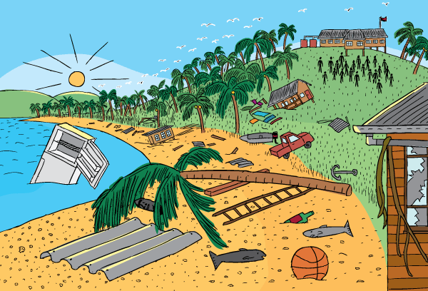 Drawing of debris on beach after tsunami. Cartoon trees, fridge, corrugated iron washed onto beach after the wave has struck. Cartoon tsunami debris on beach after wave. Destruction trees, corrugated iron.