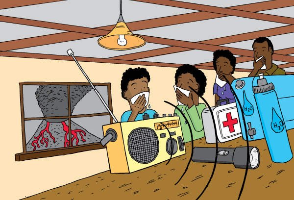 Low angle cartoon of radio on table. Family listening to radio as volcano erupts through window. Family covering mouths with moist cloths. Low angle family listening to radio during volcano. Covering mouths with moist rags.