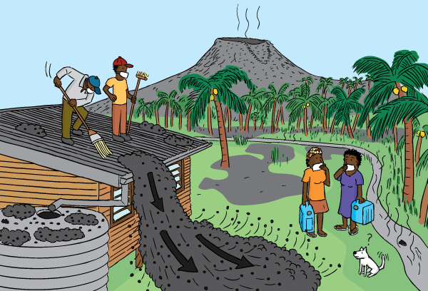 Drawing of after a volcanic eruption. Cartoon people on house, sweeping ash from the roof. Carrying water containers. Cartoon cleaning up after volcano. Drawing of people sweeping ash from house roof after volcano. Tropical island illustration.