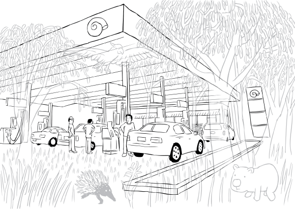 What wildlife stood on the ground that our cities are built upon? Cartoon image of faint, transparent bushland above normal suburban scene. Transparent nature above urban scene. Cartoon of 'ghostly' trees and animals on the site of a service station. Motorists filling up cars with petrol.