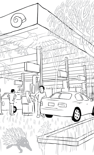 Australian service station cartoon. Motorists filling up cars with fuel.