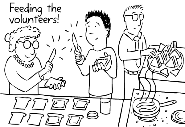 Cartoon volunteeers buttering sandwiches. Frying bacon illustration. Cartoon volunteers making sandwiches. Feeding the volunteers drawing.
