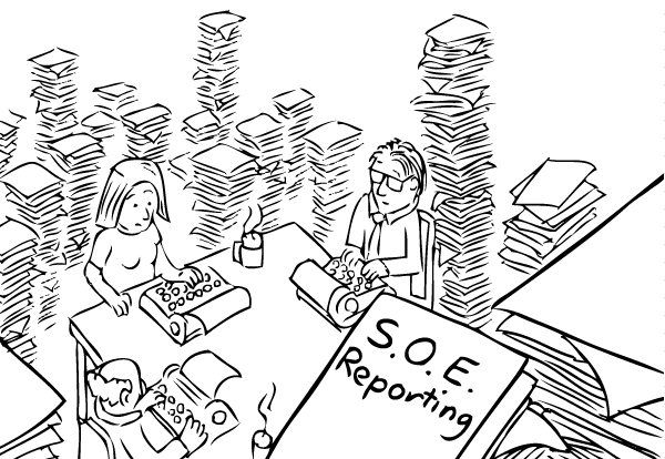 High angle cartoon of office workers drowning under stacks of paper. Note the typewriters! High angle drawing of workers at desk, typing on typewriters. Surrounded by stacks of paper.