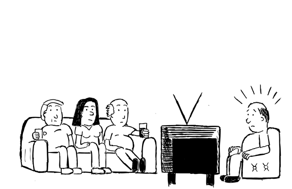 It can be hard to change bad habits if you are not in a positively-reinforcing environment. For example, if you want to lose weight, but your friends aren't willing to join you in exercising. Cartoon fat friends sitting on couch watching TV. View from behind the TV set.