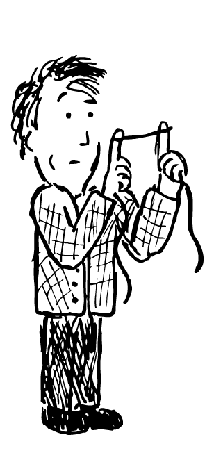 Cartoon Nick Crocker stretching dental floss between his fingers. Black and white illustration. Man stretching dental floss between two fingers. Black and white cartoon drawing.