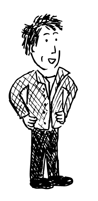 Smiling Nick Crocker character standing with hands on hips. Cartoon man smiling with hands on hips. Drawing of Nick Crocker.