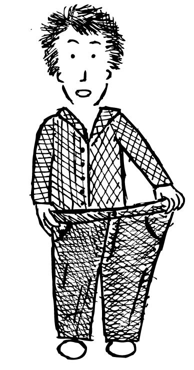 Cartoon Nick Crocker standing inside trousers. The classic weight-loss pose. Cartoon man weight loss. Standing inside large trousers. Black and white drawing.