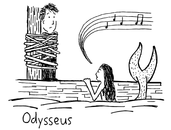 Nick imagines himself as Odysseus. When undertaking behaviour change, sometimes you have to 'tie yourself to the flagpole' and remove temptations from your life. Cartoon Odysseus tied to ship's mast. Mermaids singing sirens.