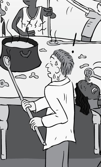 Cartoon man with long-hangled spoon trying to feed himself.