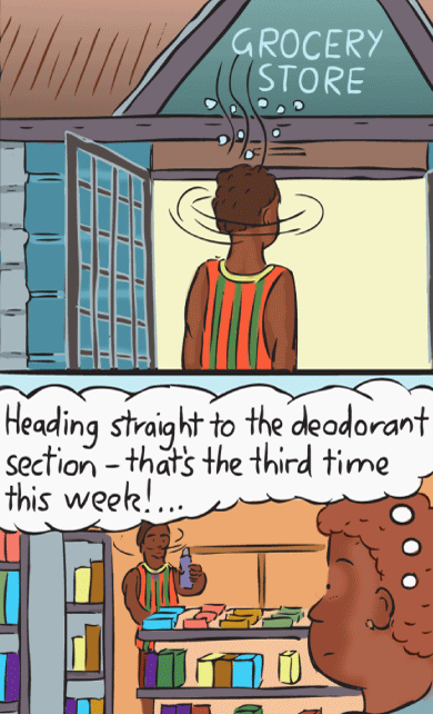 Cartoon intoxicated Aboriginal youth entering store to buy inhalants.