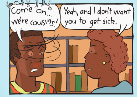 "Come on...we're cousins." "Yeah, and I don't want you to get sick." Cartoon aboriginal characters. Intoxicated from inhalants. Dizzy head.