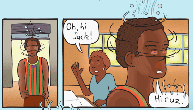 "Oh, hi Jack!" "Hi cuz." Cartoon intoxicated aboriginal man entering store. Red eyes, dizzy spinning head. Fumes above head.