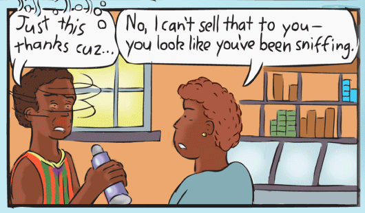 "Just this thanks cuz..." " Aboriginal boy petrol sniffing cartoon. Trying to buy deodorant drawing.