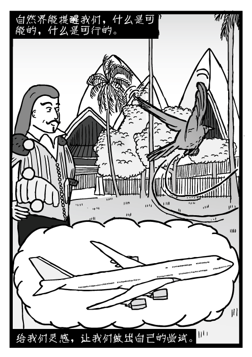 悉尼歌剧院附近鸟飞过。人思考喷气式飞机的场景。自然界能提醒我们，什么是可能的，什么是可行的。 给我们灵感，让我们做出自己的尝试。