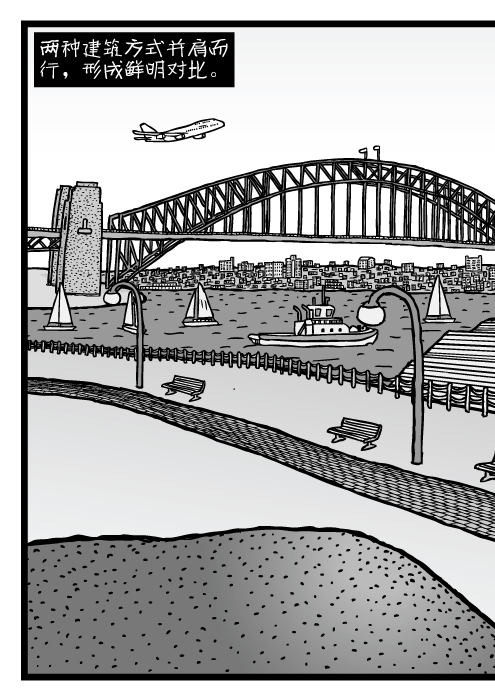 悉尼港全景。悉尼港大桥。两种建筑方式并肩而行，形成鲜明对比。