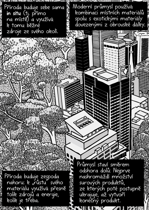Příroda buduje sebe sama in situ (tj. přímo na místě) a využívá k tomu běžné zdroje ze svého okolí. Moderní průmysl používá kombinaci místních materiálů spolu s exotickými materiály dovezenými z obrovské dálky. Příroda buduje zespoda nahoru: k „růstu“ svého materiálu využívá přesně tolik zdrojů a energie, kolik je třeba. Průmysl staví směrem odshora dolů: Nejprve nashromáždí množství surových produktů, ze kterých poté postupně ukrajuje, až vytvoří konečný produkt.
