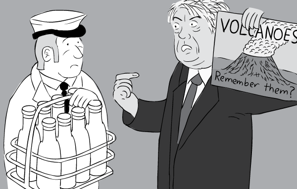 Yes, the climate denier that I ate dinner with looked like the Uncle in my cartoon. Milkman being collared by angry climate denier. Black and white cartoon.