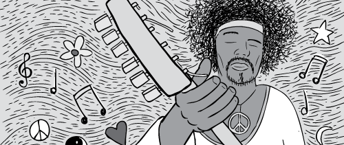 Black and white cartoon of Jimi Hendrix playing guitar