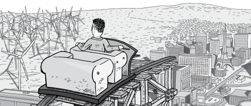 Black and white cartoon thumbnail man on peak of roller coaster.