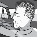 Black and white cartoon of man in car interior driving on highway