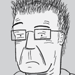 Black and white cartoon image of unimpressed man