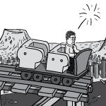 Thumbnail image of cartoon man in rollercoaster car, side view.
