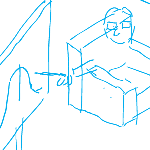 Draft messy cartoon image drawn in blue pencil